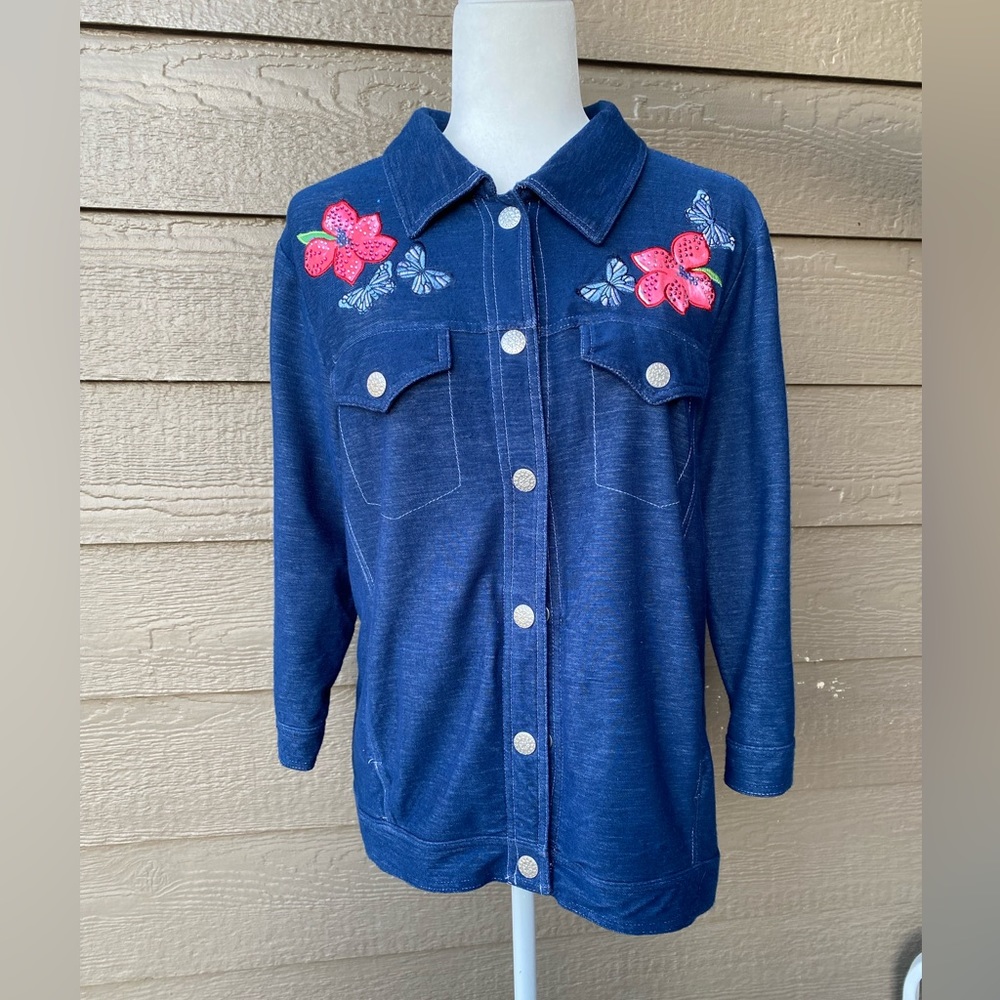 Onque Casual Soft lightweight bling denim jacket, snap buttons, 3/4 sleeves, L